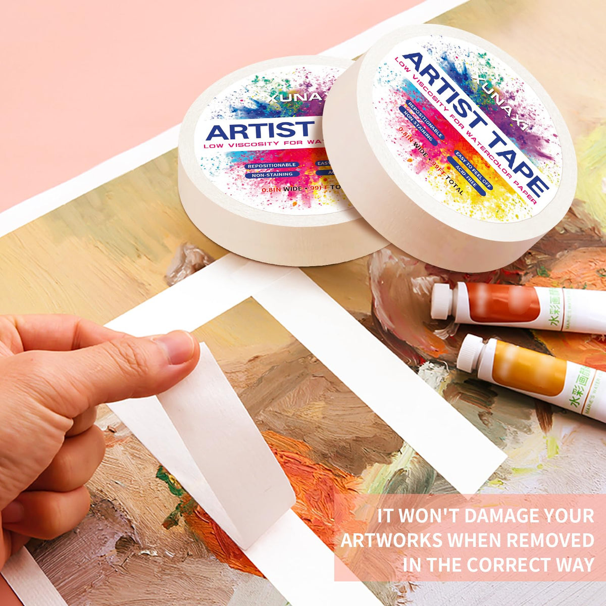 1 Pack Art Tape, Artist Tape for Watercolor Paper Low Tack White Painters Tape for Drafting Art Painting Canvas Framing Acid Free Masking Tape-0.8IN Wide 99FT Long Total 0.8inch 1
