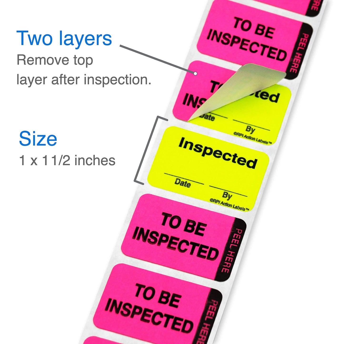 ChromaLabel 1 x 1.50 Inch Fluorescent Pink and Yellow Double Layer Quality Control Label, Imprinted: to Be Inspected, Inspected, 250 per Dispenser Box