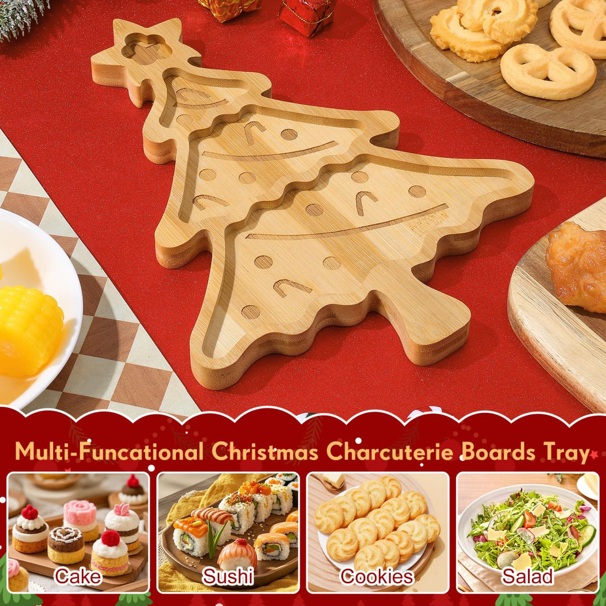 Veemoon Christmas Tree Serving Platter Small Bamboo Charcuterie Board Appetizer Display Tray Divided Candy Dish with 3 Compartments Snack Dessert Candy Fruit Plates for Xmas Party