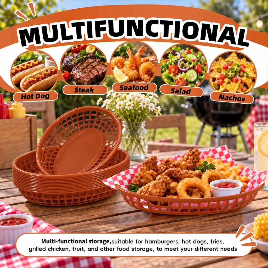 24 Pack, Oval Plastic Fast Food Basket, 8.9 x 5.5 Inch (Brown) Brown