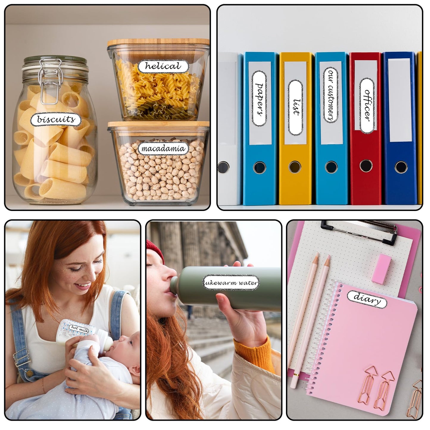160 Pcs Multipurpose Waterproof Label Removable Write On Stickers Reusable Custom Name Labels Easy Peel Off and No Residue Dishwasher for Kids Business Office Freezer Microwave(Black & White)