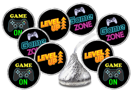 216 Gamer Kisses Stickers, Level Up Stickers for Gaming Birthday Party, Video Game Vibrant Colors Labels, Graduation, or Any Family Event Decorations, Candy Not Included. Made in USA