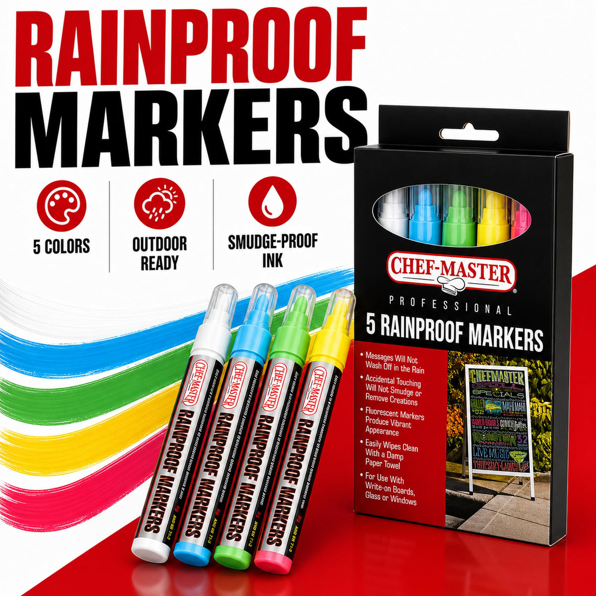 Chef Master Waterproof Markers, 5 Vibrant Colors, No Smudge, Rainproof