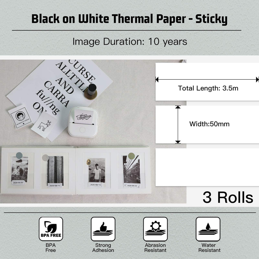 Memoking T02/M02X/M02L White Thermal Paper-10-Year Sticky 50mmx3.5m for Journal Photo Texts Study Notes and More, 3 Rolls and T02 Bunny Case