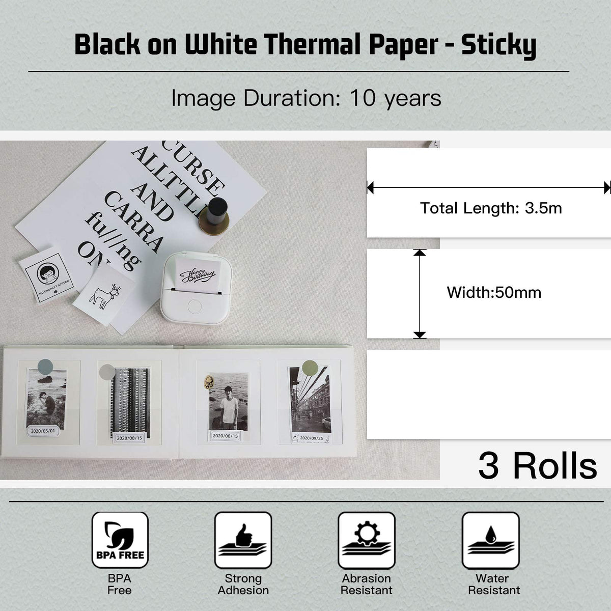 Memoking T02/M02X/M02L White Thermal Paper-10-Year Sticky 50mmx3.5m for Journal Photo Texts Study Notes and More, 3 Rolls and T02 Bunny Case