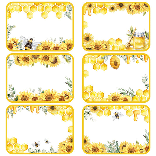Whaline 180Pcs Sunflower Bee Back to School Name Tags Stickers Summer Bee Name Tag Labels Watercolor Flowers Bumble Bee Honeycomb Blank Adhesive Tag Stickers for Teacher Student Party Decor, 6 Design
