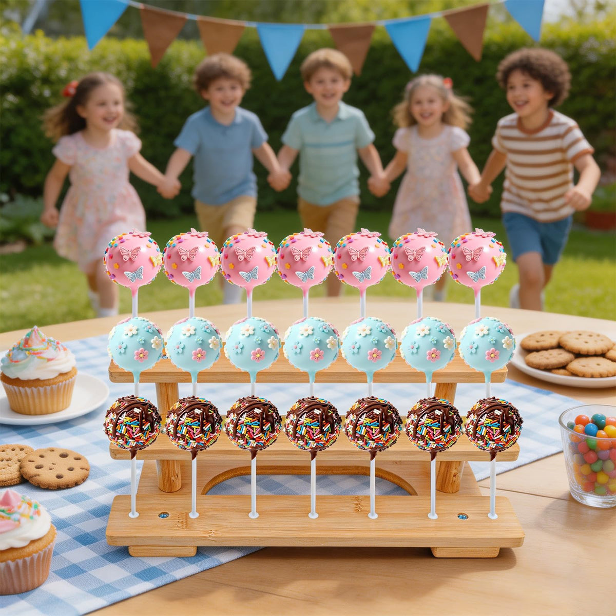 3-Tier Wooden Cake Pop Stand with 21 Holes, 100pcs Cakepop Bags Sticks Ties