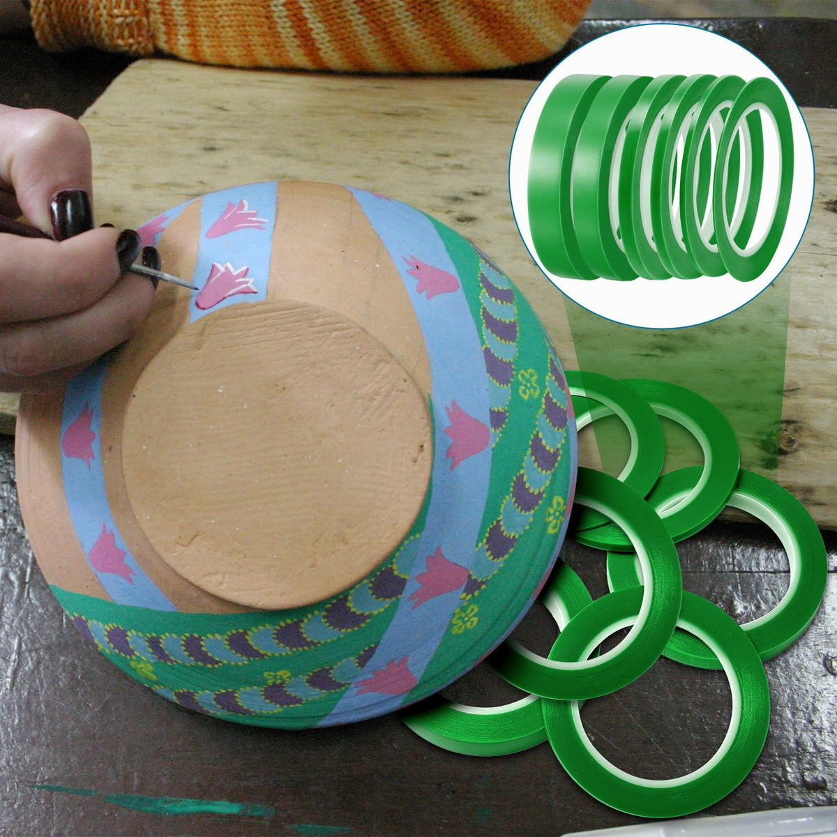 Nezyo 6 Pcs Vinyl Pinstripe Tapes Masking Painter Tapes High Temperature Low Tack Automotive Car Paint for Easy Removal Trim Thin Finishing Masking (Green,1/16, 1/8,1/5,1/4,1/2, 3/4 Inch) Green 1/16, 1/8,1/5,1/4,1/2, 3/4 Inch