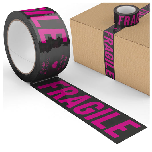 Fragile Packing Tape, Please Be Gentle, Pink Black Cute Designer Packaging and Shipping Tape for Small Business - Printed Tape for Moving, 1.88" x 110 Yards (330 feet) Fragile Please Be Gentle - Black/Pink