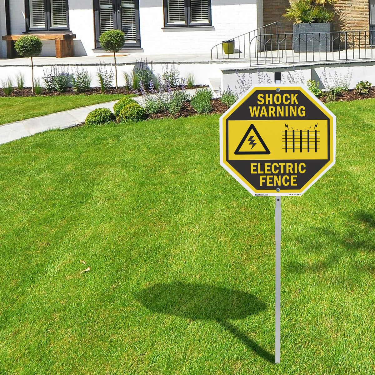 Shock Warning Electric Fence (2 Pack) 10 inch X 10 inch Octagon Aluminum Metal Signs with Aluminum Mounting Stakes Weather Resistant UV Protected for Workplace Private Property and Construction Site
