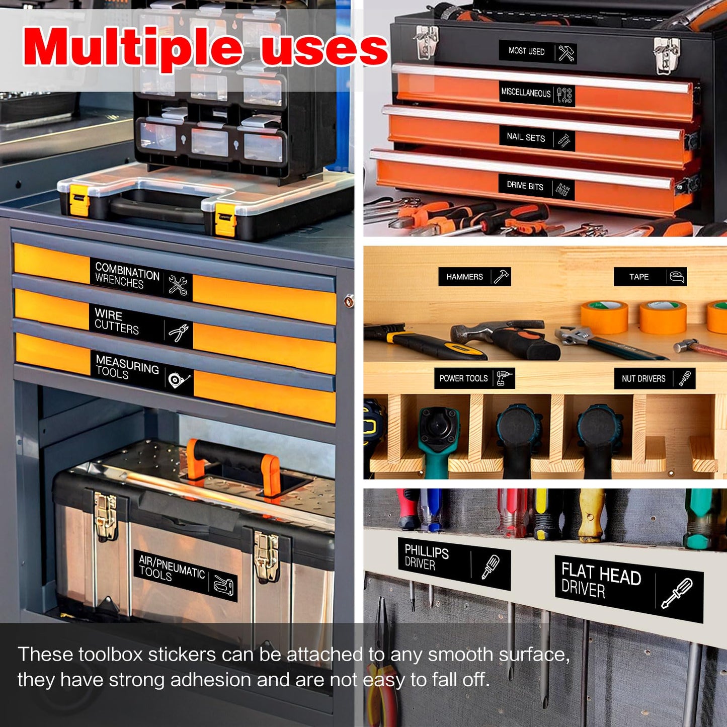84 PCS Toolbox Organization Labels,Removable Tool Chest Label Stickers, Tool Box Accessories for Tool Box Drawers,3 x 0.79 Inches,with 6 PCS Blank Labels for DIY (Black)