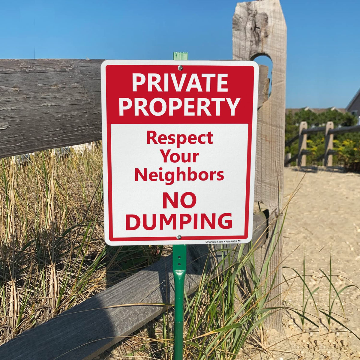 SmartSign 12 x 10 inch “Private Property - Respect Your Neighbors, No Dumping” Yard Sign with 3 foot Stake, 40 mil Laminated Rustproof Aluminum, Red and White, Set of 1