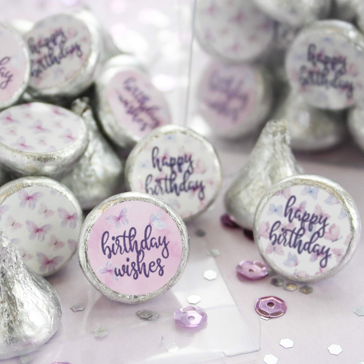 Butterfly Birthday Party Favor Chocolate Kisses Candy Stickers, Butterfly Wishes - 180 Count