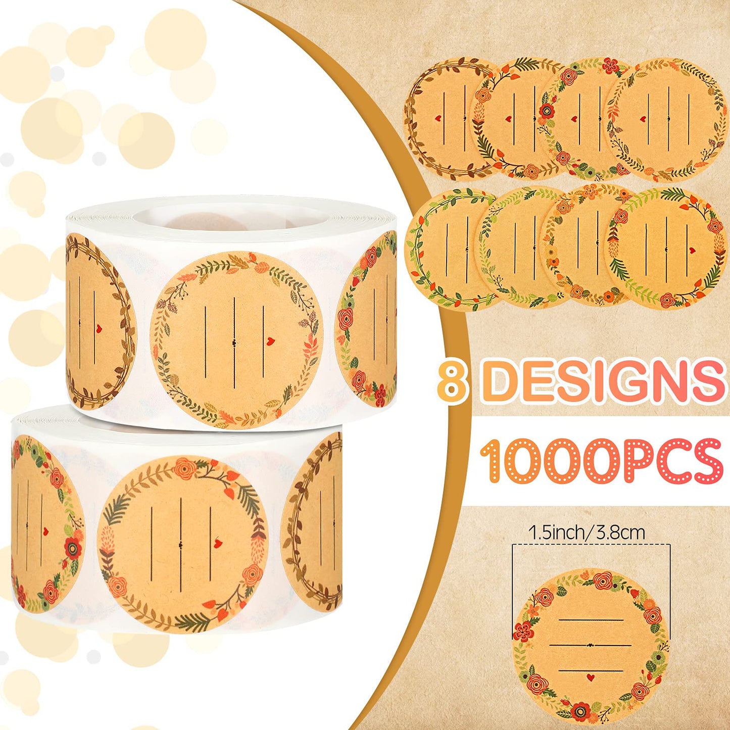 1000 Pieces Canning Jar Labels Stickers 1.5 Inch Natural Kraft Stickers Wreath Pattern with 3 Lines for Writing Round Canning Labels Jar Crafts