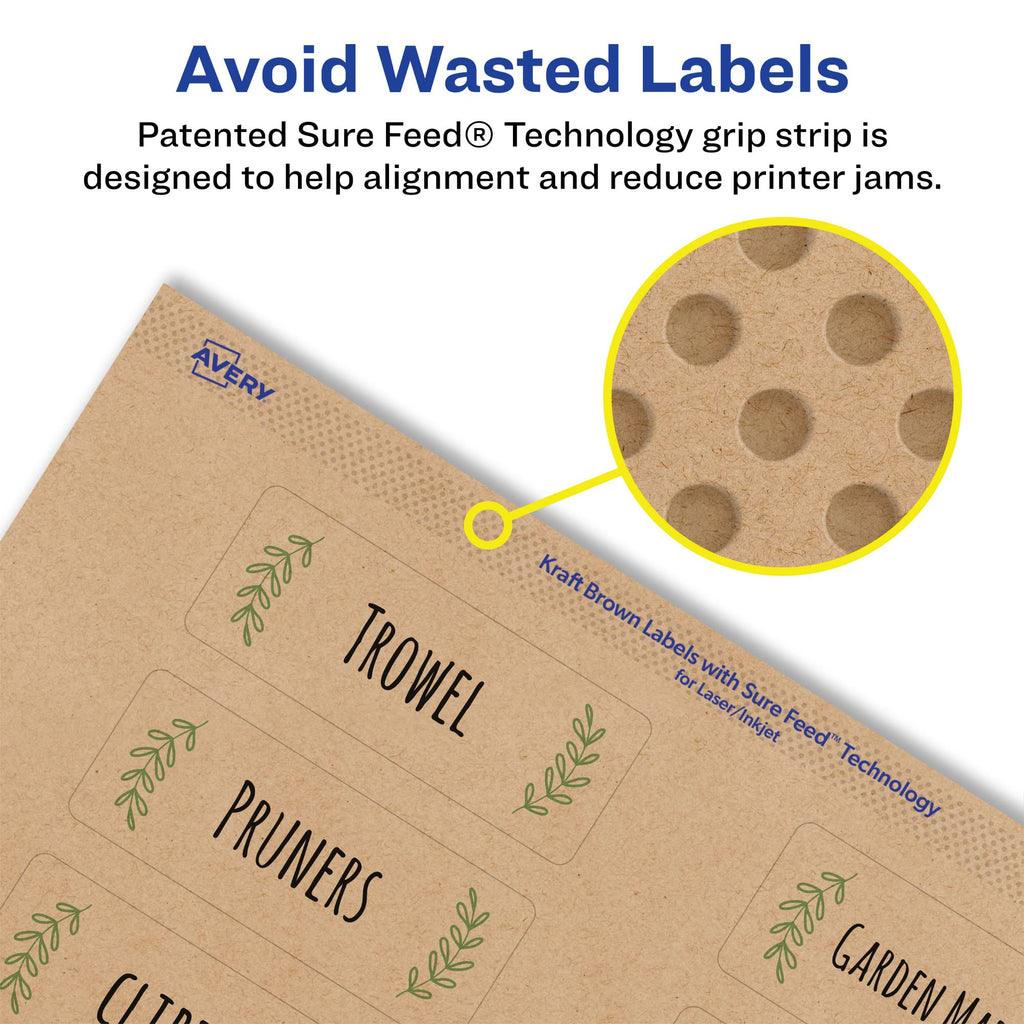 Avery® Kraft Brown Rectangle Labels, Sure Feed® Technology, 1.25" x 3.75", 1,200 Kraft Brown Labels, Print-to-The-Edge, Laser/Inkjet Printable 1,200 labels
