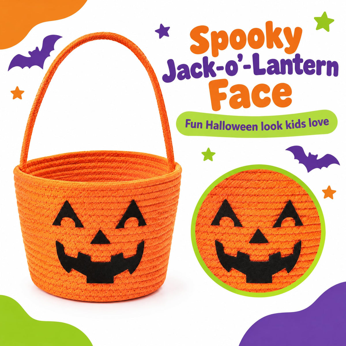 Halloween Basket, Woven Cotton Rope Pumpkin Pail with Handle white yellow