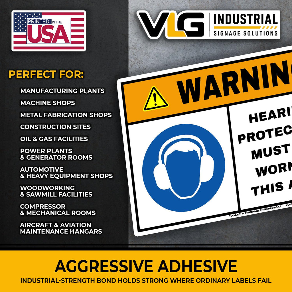 WARNING Hearing Protection Must Be Worn In This Area Sign Label – 5"x7" ANSI Z535 OSHA Style Safety Sticker – Heavy Duty Waterproof Vinyl with Aggressive Adhesive – Industrial PPE Decal Pack of 10