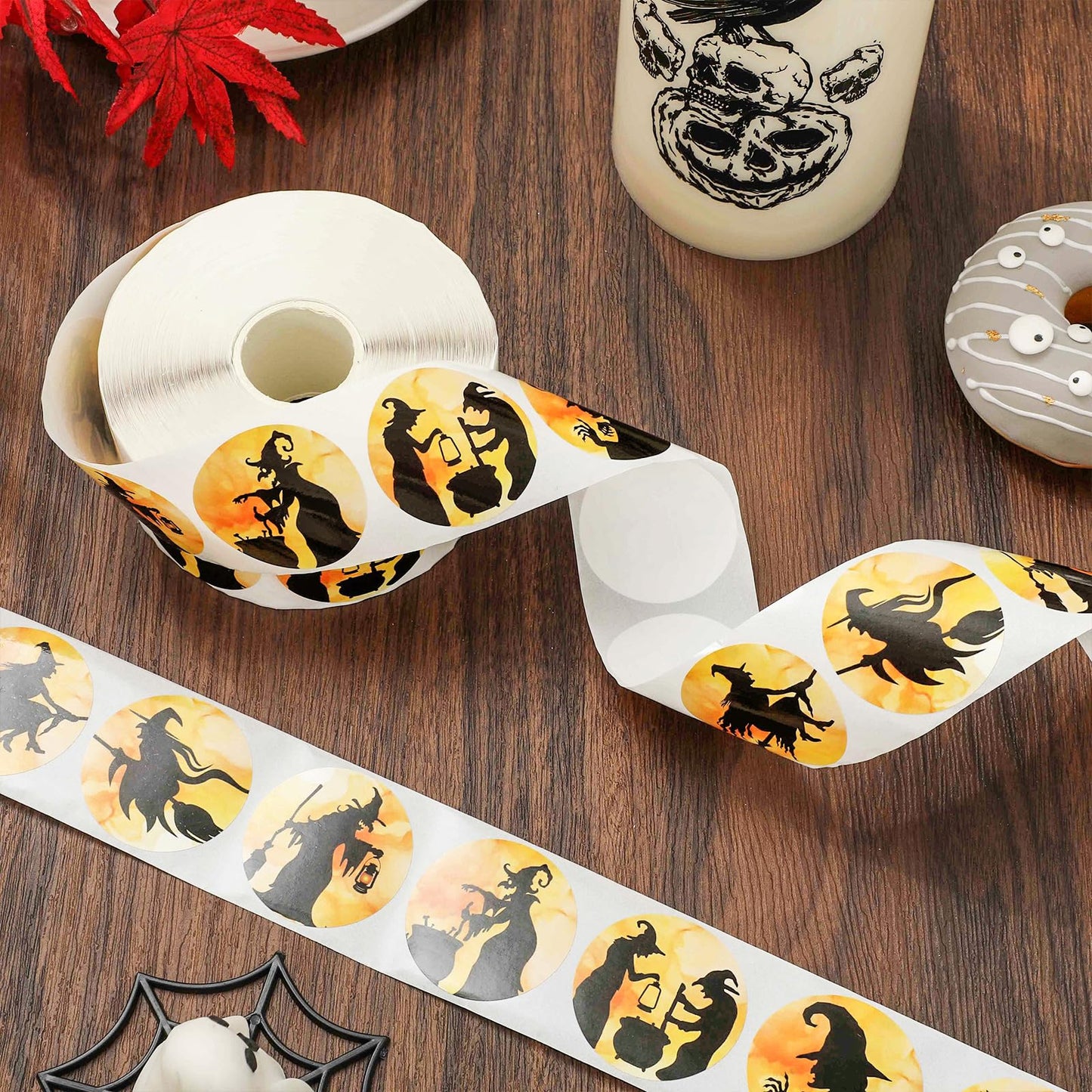 1000Pcs Halloween Stickers Roll Black Witch Round Decals Adhesive Sealing Labels for Trick or Treat Party Favor Supplies, 8 Designs
