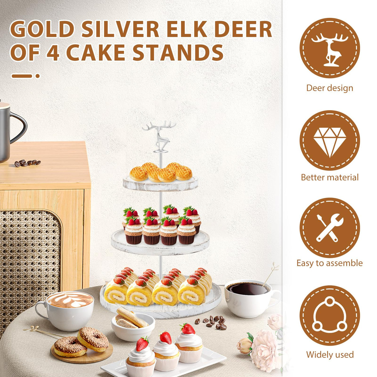4 Groups Cake Stand Hardware Kits, Zinc Alloy Deer Style Cake Plate Stand, Fitting Smooth Surface Cupcake Holder Hardware Handle for Tea Party