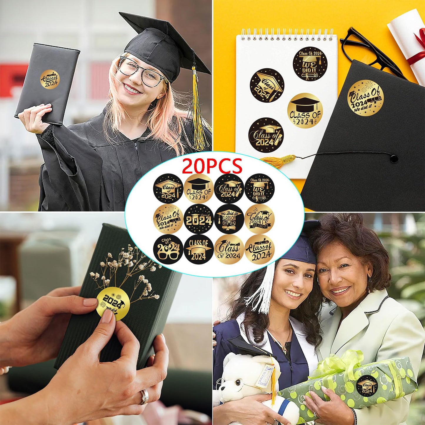 Graduation Stickers Labels, 240 Pcs, 1.5 Inches, 20 Sheets, 12 Patterns, for Envelopes, Gifts, Party Favors, Decorations