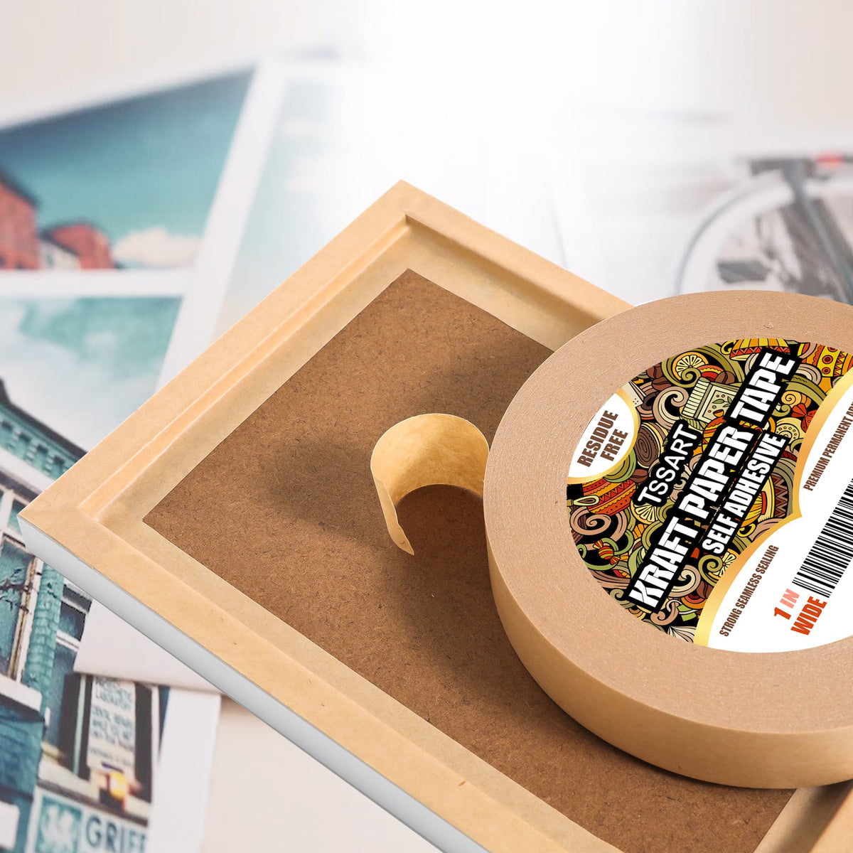 Kraft Paper Tape K49 - Self Adhesive Brown Frame Backing Tape Packing Tape with Oxidation Resistance for Picture Framing, Masking, Sealing and Packaging Use - 1inch Wide 180FT Long