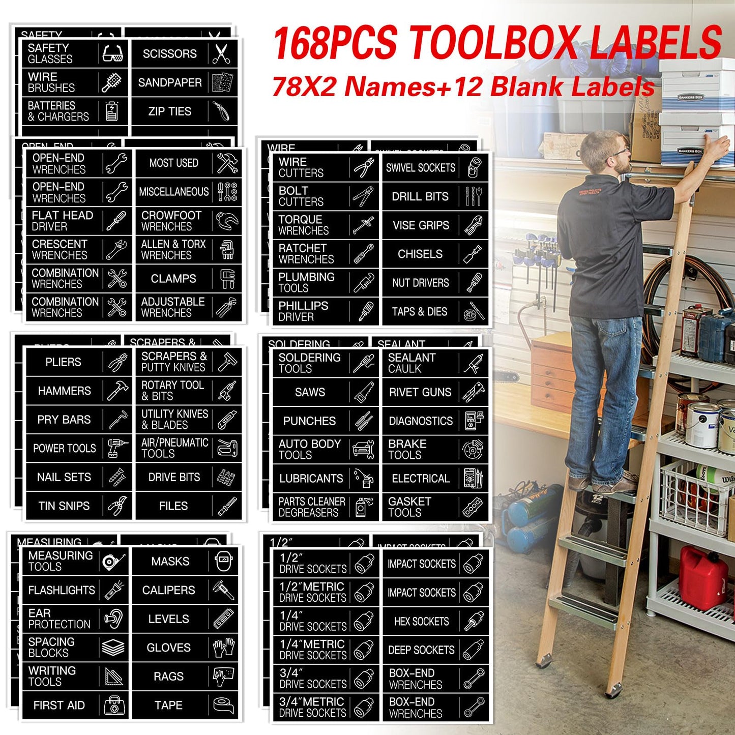 168 PCS Tool Box Label Stickers, Toolbox Organization Stickers,Tool Chest Labels for Quick Identifying Tool Box Drawers(Black,3 x 0.79 Inches)