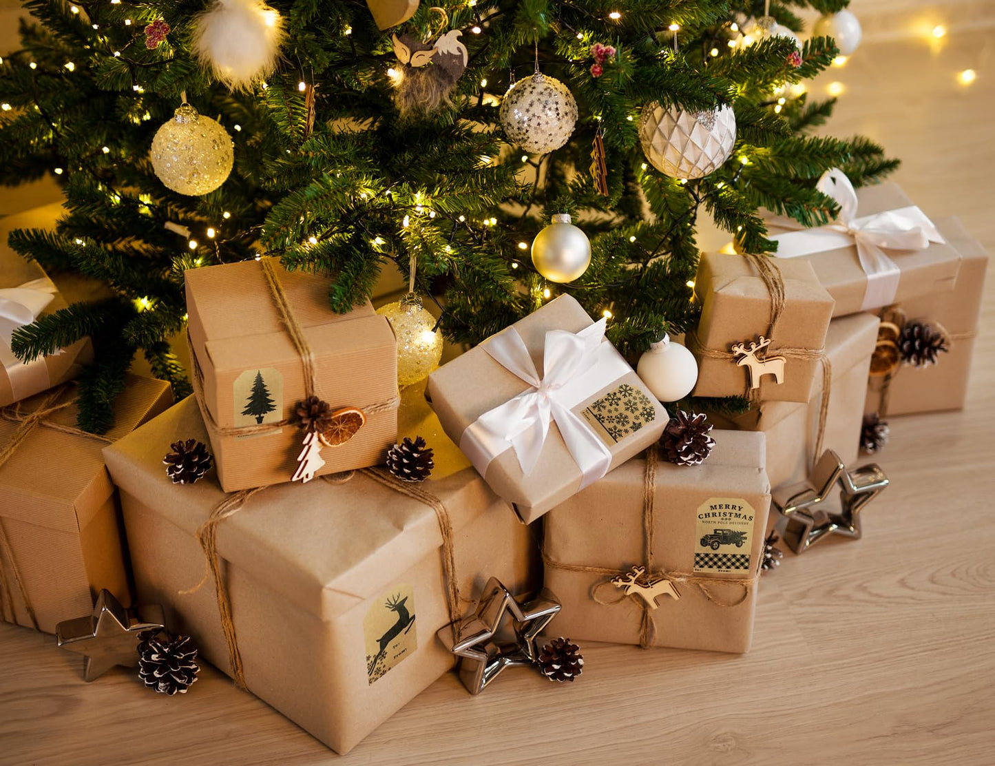 Natural Kraft Holiday Gift Tag Stickers – 2 x 3 Inch Labels, Set of 25 – 4 Unique Festive Designs for Christmas Wrapping, Eco-Friendly, Made in The USA