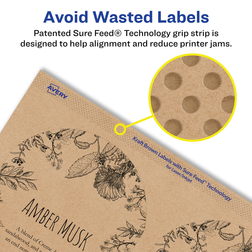 Avery® Kraft Brown Arched Labels, Sure Feed® Technology, 3" x 2.25", 135 Kraft Brown Labels, Print-to-The-Edge, Laser/Inkjet Printable 135 labels