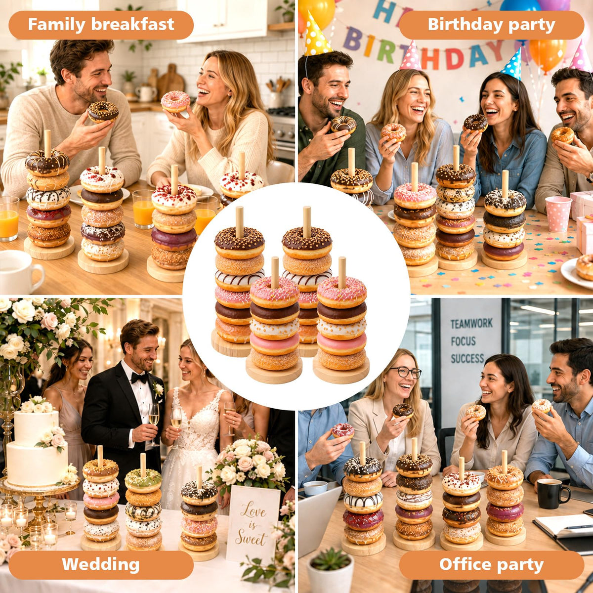 4 Pcs Wooden Donut Stand Set, 7.8 & 6 Inch Donut Holder with Round Base