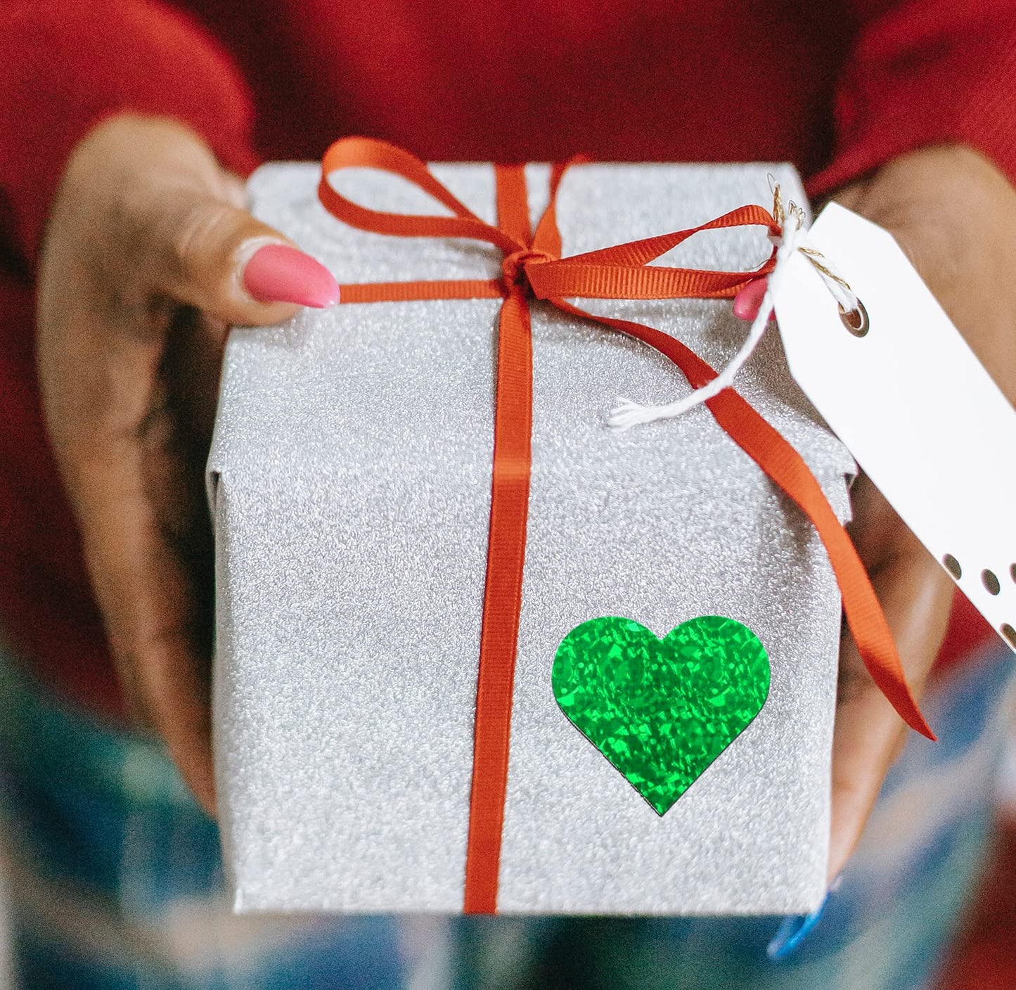 Glitter Heart Stickers, 1.5" Heart Decorative Labels 500 per Roll, Valentine's Day Love Decorations for Wedding Anniversaries (Green) Green