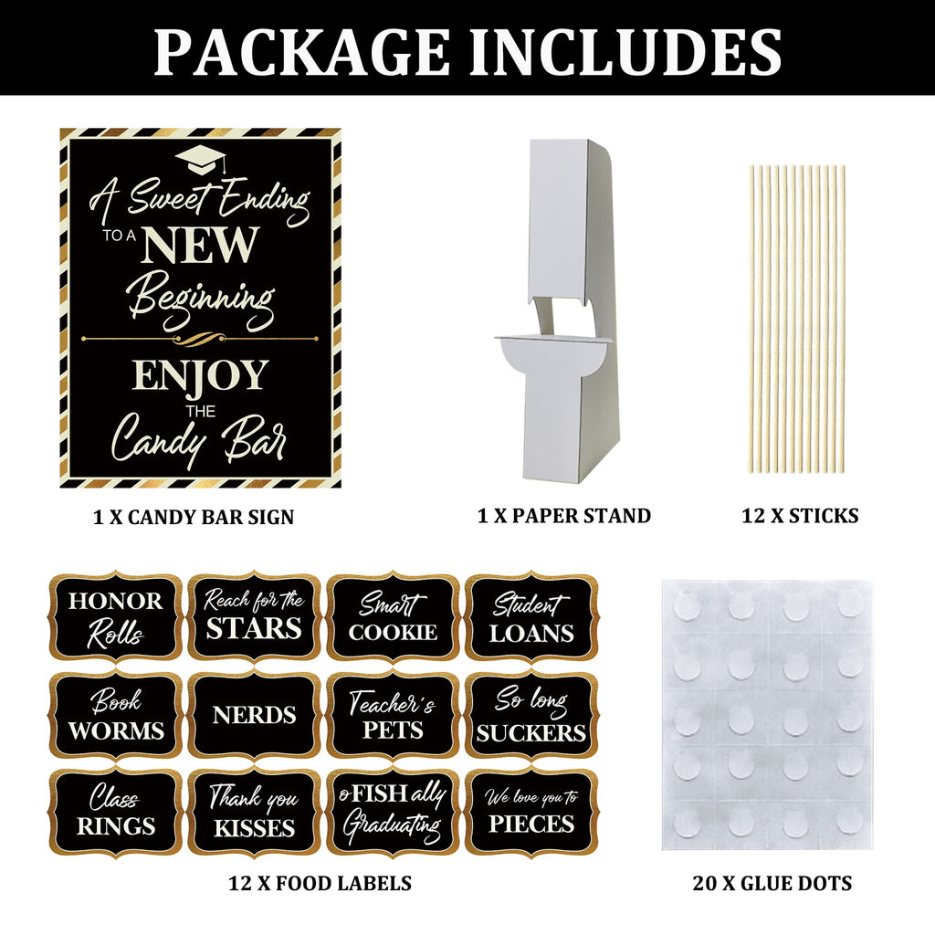 2026 Graduation Candy Buffet Signs Decorations, Black Gold Grad Party Candy Bar Signs Set Graduation Party Dessert Food Decorations