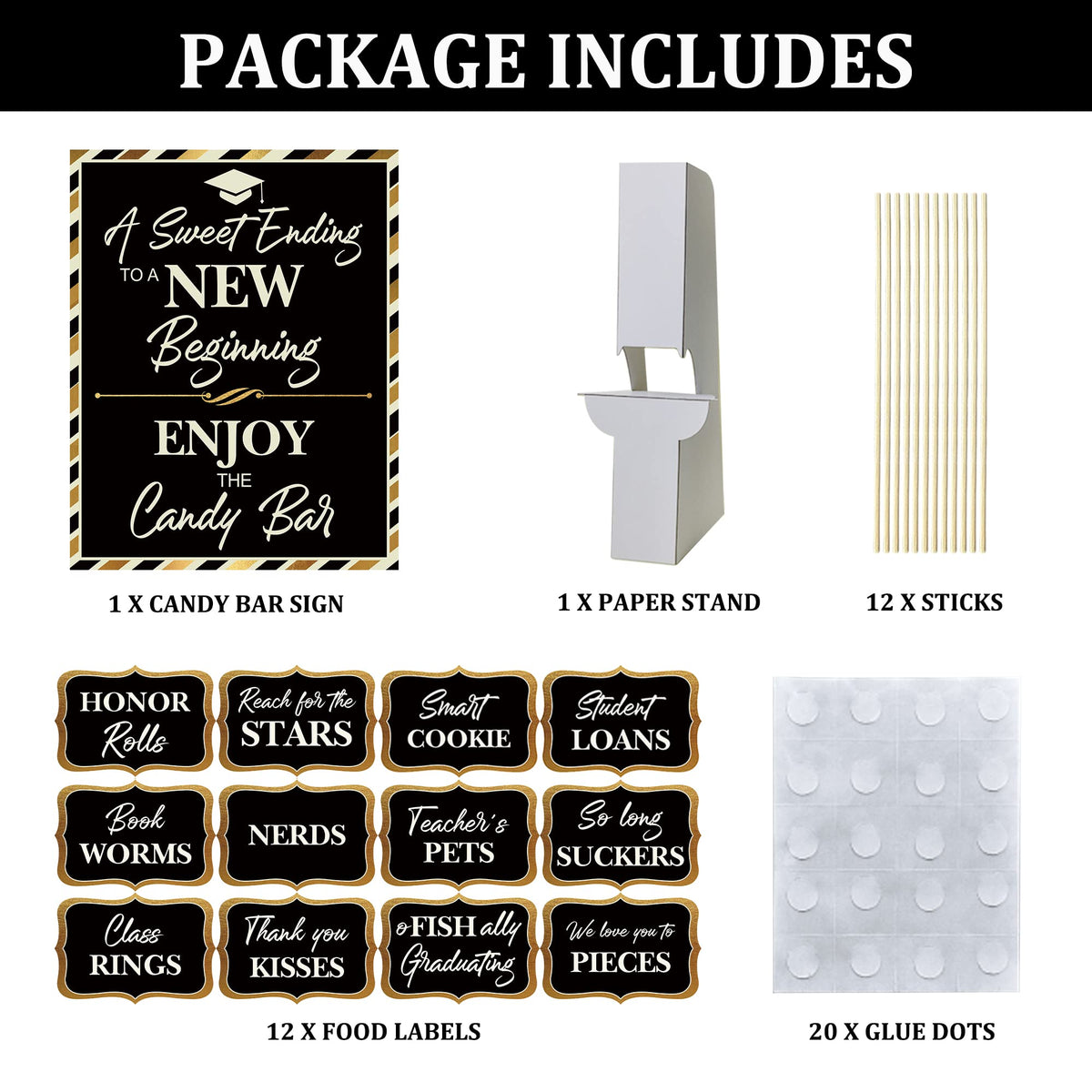 2026 Graduation Candy Buffet Signs Decorations, Black Gold Grad Party Candy Bar Signs Set Graduation Party Dessert Food Decorations