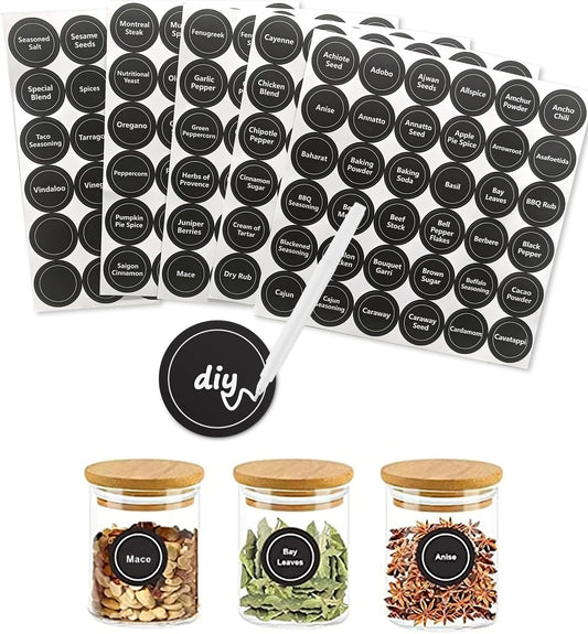 180 Spice Jar Labels - Chalkboard Stickers, Preprinted and Blank - Round and Erasable for Spice Containers 1.5 in
