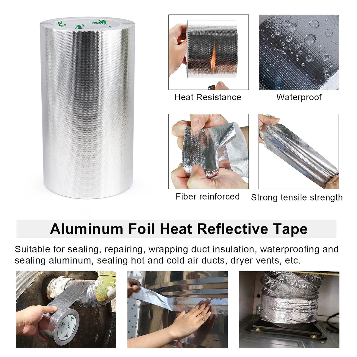BOMEI PACK Adhesive Aluminum Foil Heat Shield Tape 1Pack 8inch x 66ft, Barrier Fiberglass Thermal Insulation Reflective Material High Temp Protectionn 8in*66ft