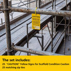 25 Pack Scaffold Status Tags with Cable Ties Yellow Caution Inspection