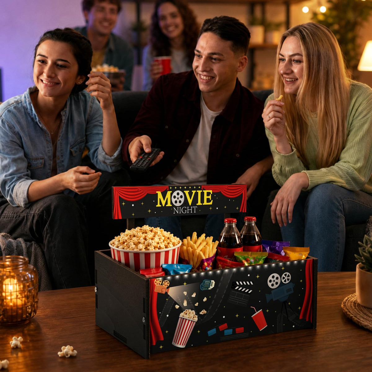 Movie Night Supplies Wooden Movie Night Snack Trays Gift Basket Halloween Home Theater Snack Caddy Popcorn Drink Candy Holder Box for Family Room Container Decor