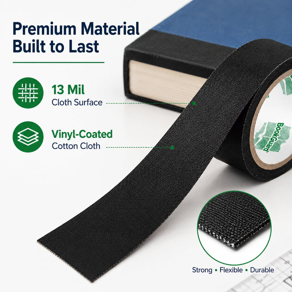 Black BookGuard binding tape, 1.5-inch wide, vinyl-coated cotton cloth for book spine repair and bookbinding projects.