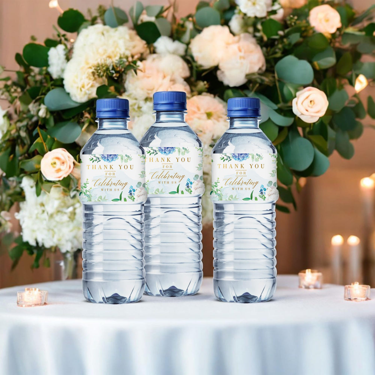 Mobiusea Creation Wedding Water Bottle Labels | Blue Floral Gold Foil | 50pcs Water Bottle Labels for Wedding, Bridal Shower, Birthday, Baby Shower and Party (Pack of 2) 1.97" x 8.27" (Pack of 2)