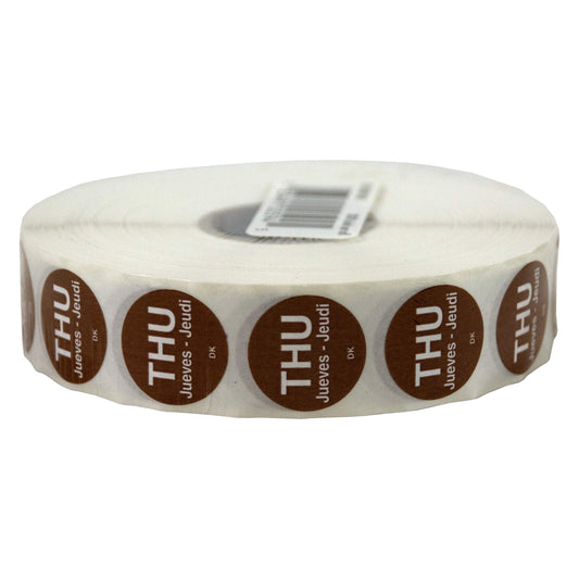 DayMark Safety Systems DuraMark IT110059 Day of The Week Trilingual Permanent Label, Thursday, 3/4" Circle, Brown (Roll of 2000)