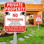 2Pack Private Property No Trespassing Signs with 36 inch Stakes, 14x10 Inches Video Surveillance Warning Sign for Home House Yard Security, Fade Resistant Aluminum 10X14" with stake