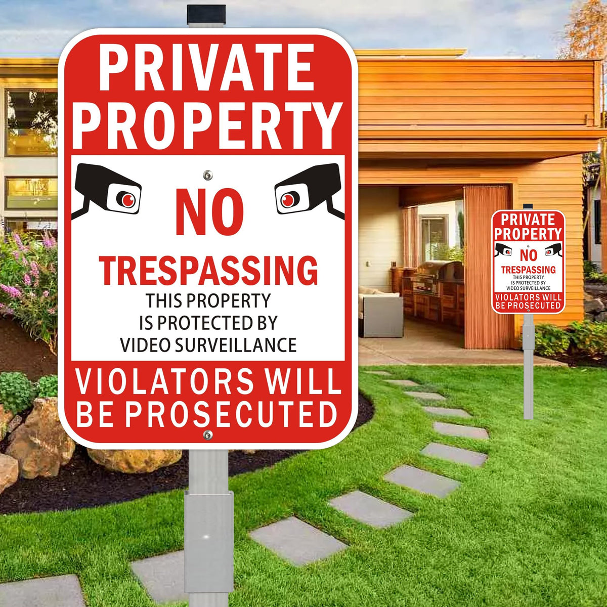 2Pack Private Property No Trespassing Signs with 36 inch Stakes, 14x10 Inches Video Surveillance Warning Sign for Home House Yard Security, Fade Resistant Aluminum 10X14" with stake