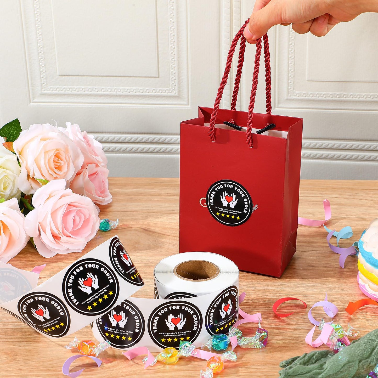 Fulmoon 500 Pcs 2 Inch Thank You for Your Order Stickers 5 Star Review Delivery Labels Freshness Food Delivery Accessories 5 Star Rating Reminder for Shopper Grocery Takeout Driver (Black) Black