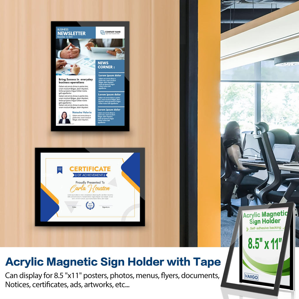 8.5" x 11" Acrylic Sign Holder Wall Mount, Self Adhesive Magnetic Display Frame with Nano Tape and Strong Magnetic Frames for Wall, Door, Glass, Home, Store, Office (Black, 3Pack) Black 3 Pack 8.5" x 11"