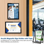 8.5" x 11" Acrylic Sign Holder Wall Mount, Self Adhesive Magnetic Display Frame with Nano Tape and Strong Magnetic Frames for Wall, Door, Glass, Home, Store, Office (Black, 3Pack) Black 3 Pack 8.5" x 11"