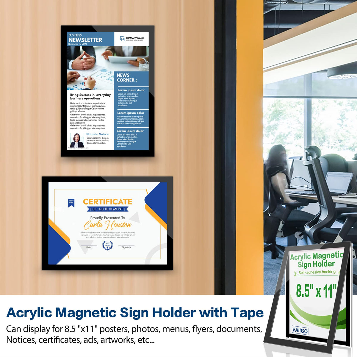 8.5" x 11" Acrylic Sign Holder Wall Mount, Self Adhesive Magnetic Display Frame with Nano Tape and Strong Magnetic Frames for Wall, Door, Glass, Home, Store, Office (Black, 3Pack) Black 3 Pack 8.5" x 11"