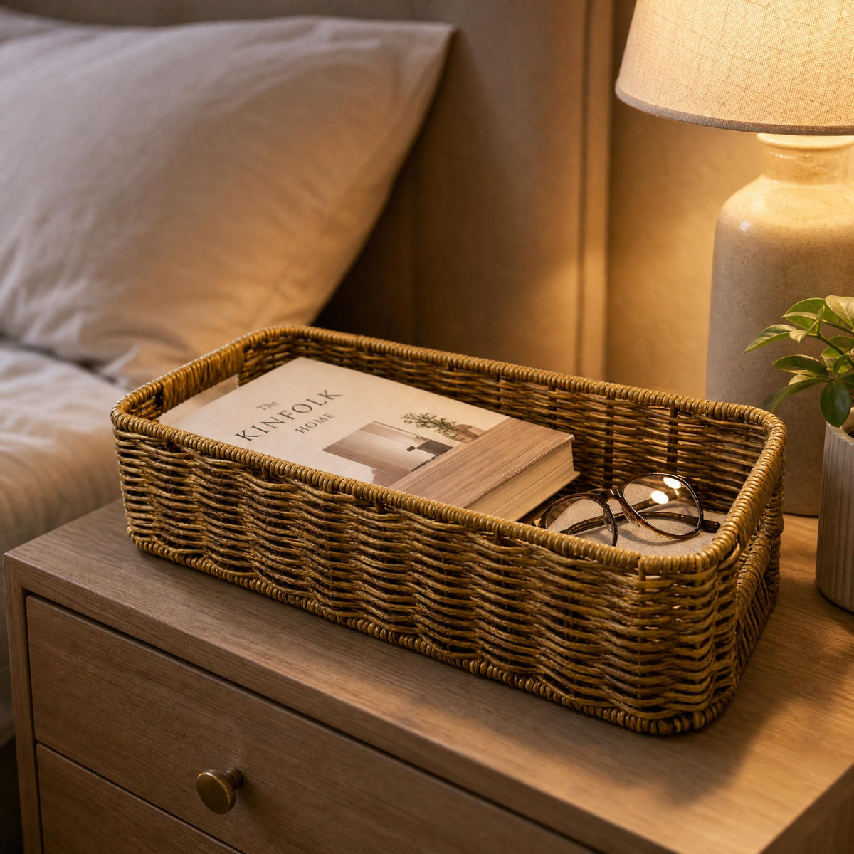Rectangular Handwoven PVP Rattan Storage Basket with Handles