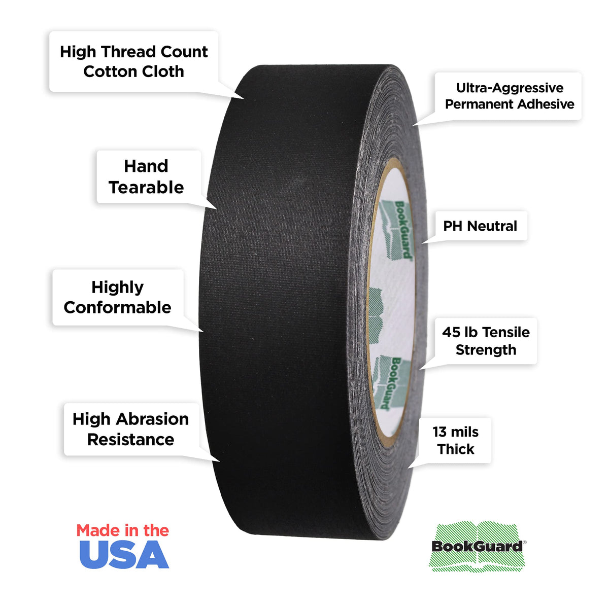 BookGuard Premium bookbinding repair cloth tape, 1.5-inch wide, 30-yard roll, durable packing tape for book restoration.
