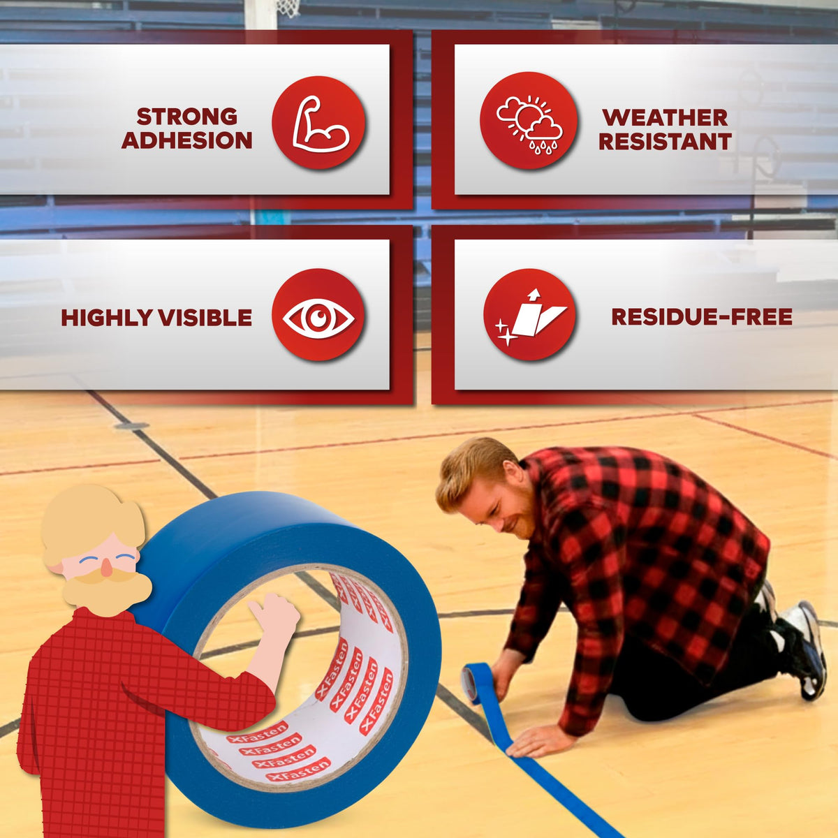 XFasten Vinyl Floor Tape 2 Inch x 36 Yards 6 Mils | Gym and Court Marking Tape for Outdoor, Gymnasium, Classroom | Blue Marking Tape for Dancefloor