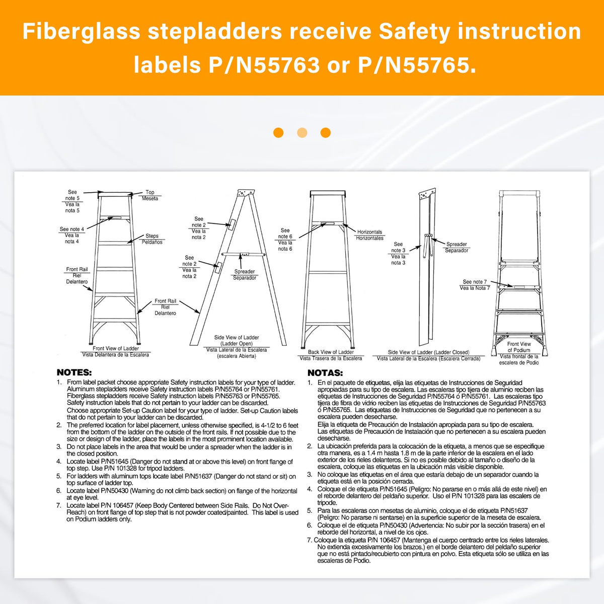 Set of 8 GRONGU safety label stickers for Werner fiberglass step ladder, including weight capacity and safety instructions.