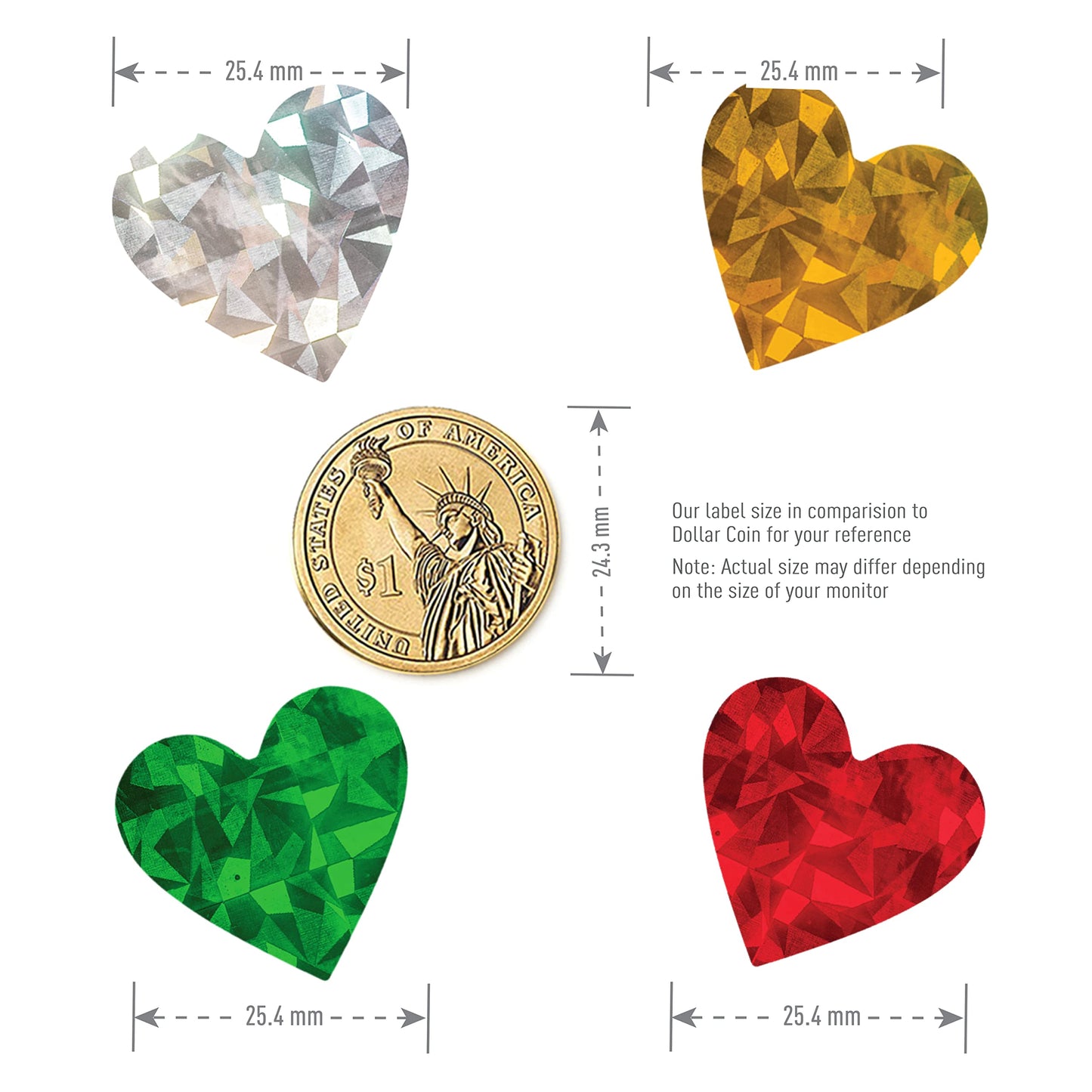 easykart labels 2100 Heart Stickers with Glitter Holographic Gravel Pattern Red, Green,Silver & Gold Sparkling Adhesive Heart Sticker Labels, Love Stickers